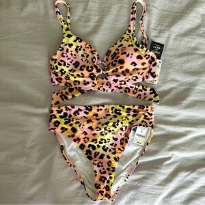 NWT Women’s Small Animal-Print Banded Ring Bikini Top & High-Rise Bottom